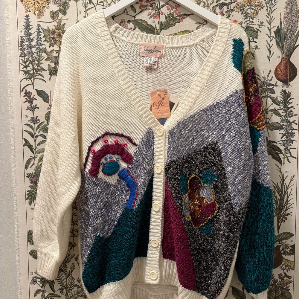 Colorful Jaclyn Smith Cardigan with Retro Patterns and Beading NWT